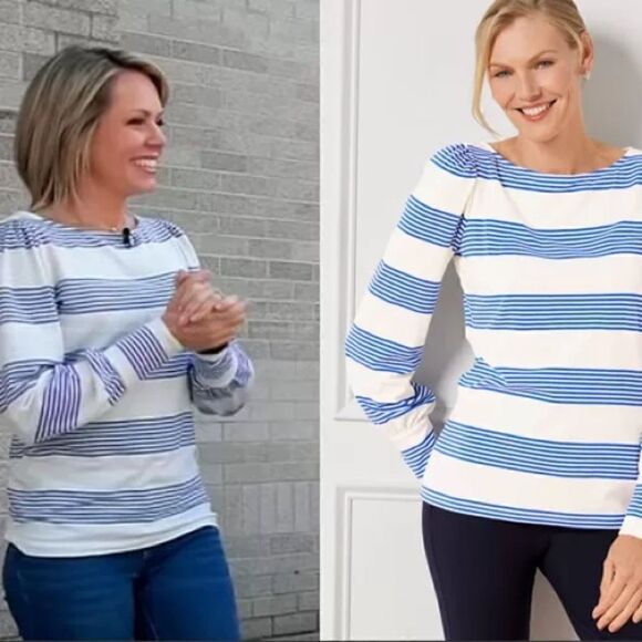 NWT Talbots Blouson Sleeve Tee Cluster Stripe Top Blue Worn On TV Size XS - Picture 2 of 5